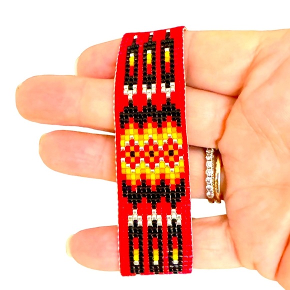 Handcrafted loom adjustable beaded cuff panel bracelet Southwest Native American - Picture 3 of 7